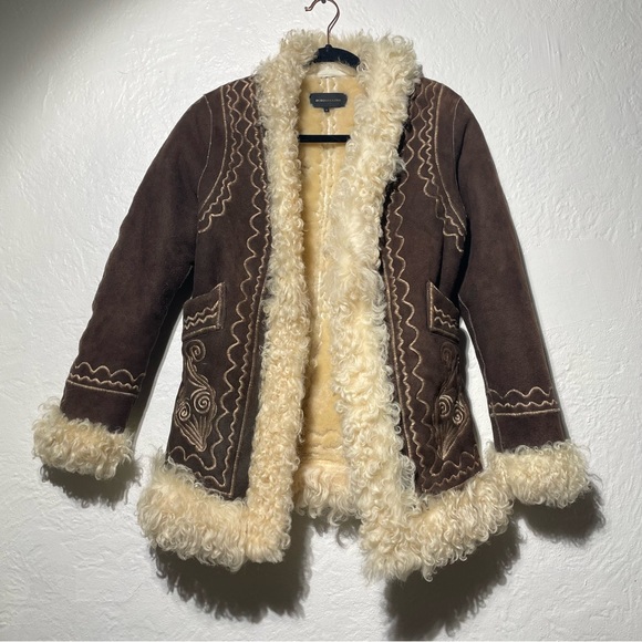BCBGMaxAzria Jackets & Blazers - Vtg Afghan curly lamb wool shearling embroidered suede coat penny lane Mongolian